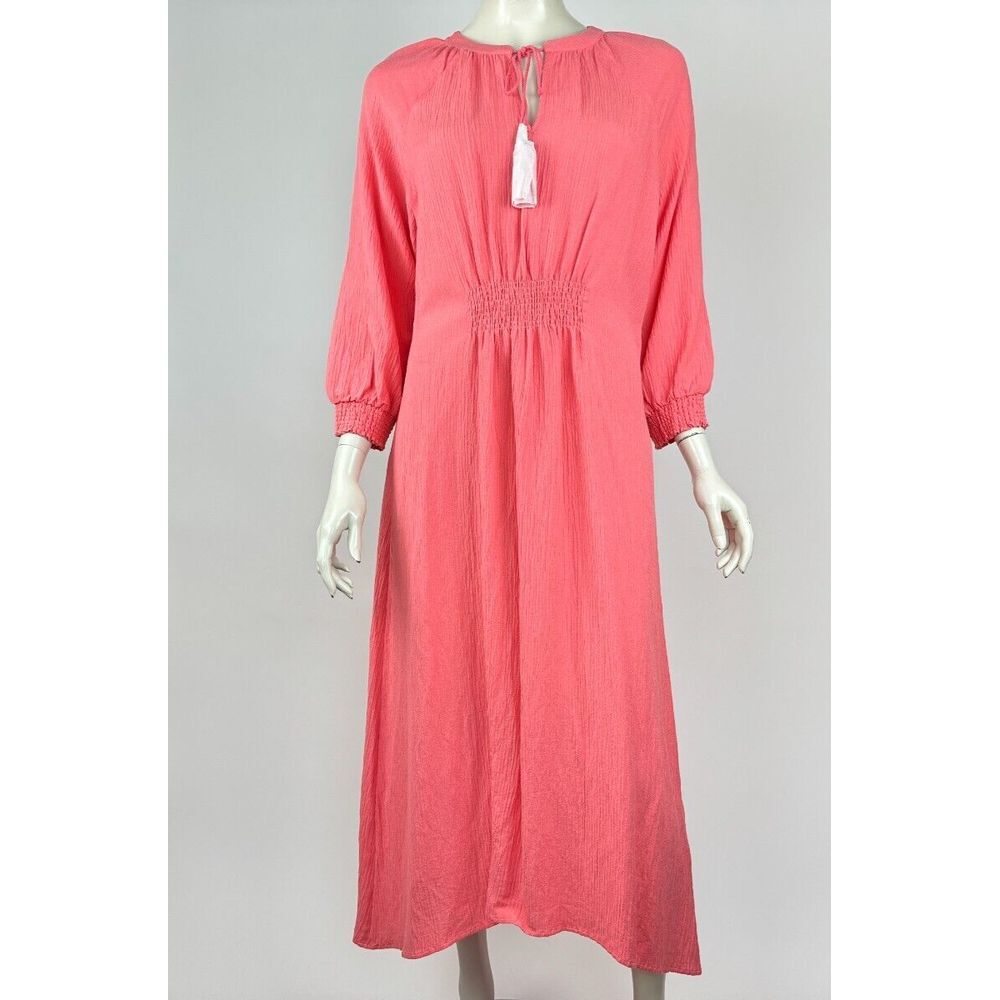 Soft Surroundings Bryn Gauze Maxi Dress Women M NWT Coral Tassels 3/4 Sleeve